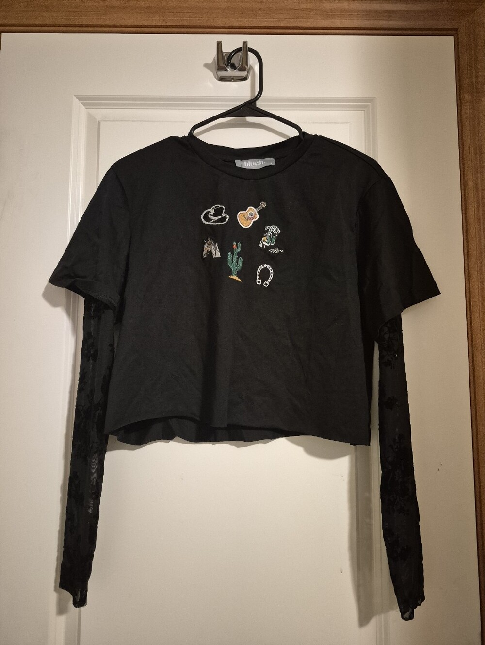 Black Embroidered Western Crop Top with Lace Sleeves